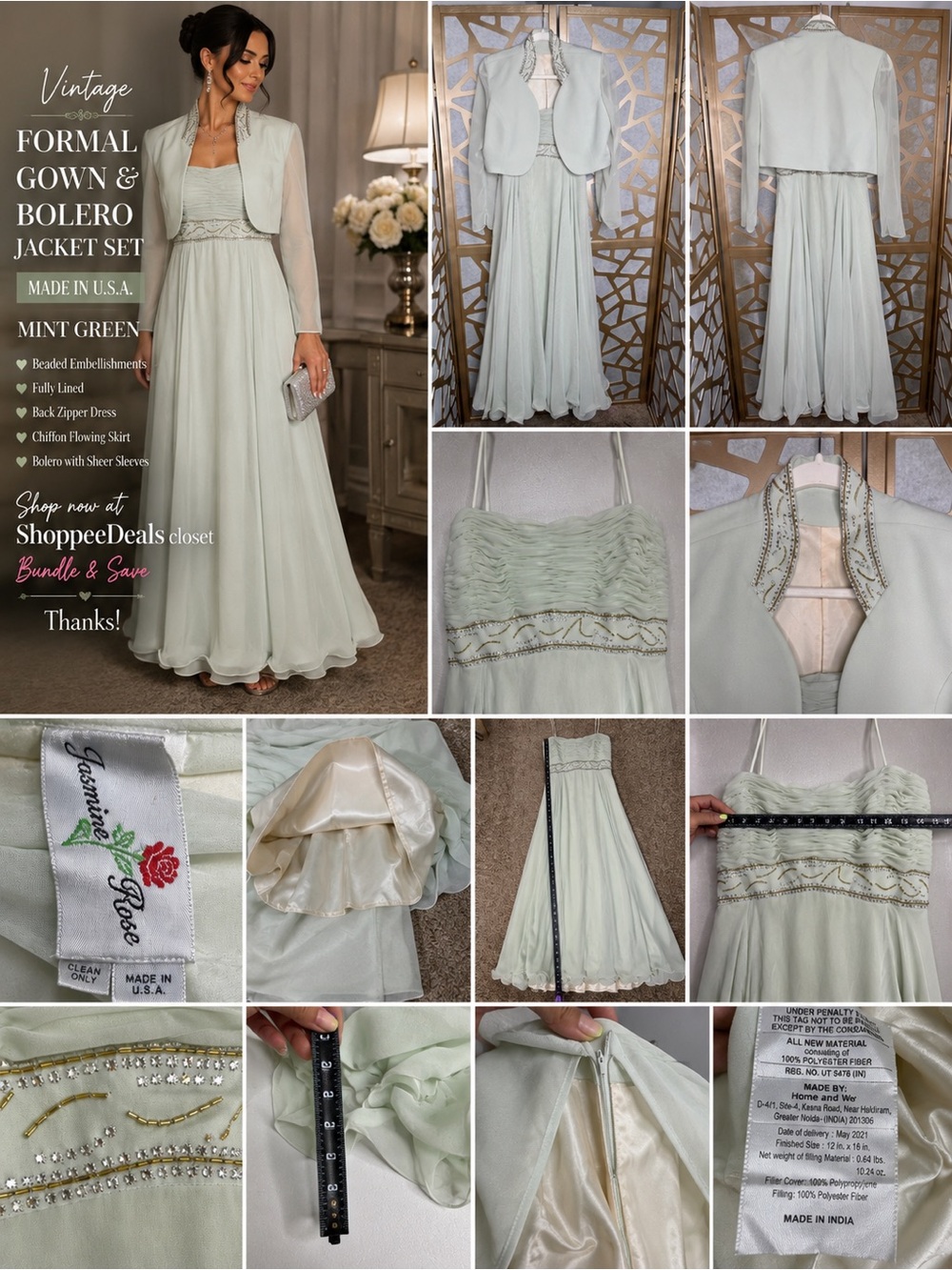 Vintage Rose Taft Mint Green Formal Gown & Beaded Bolero Jacket Set –Made in USA